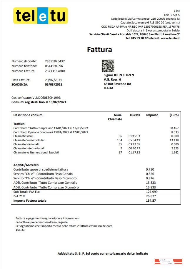 Italy TeleTu utility bill template in Word and PDF format